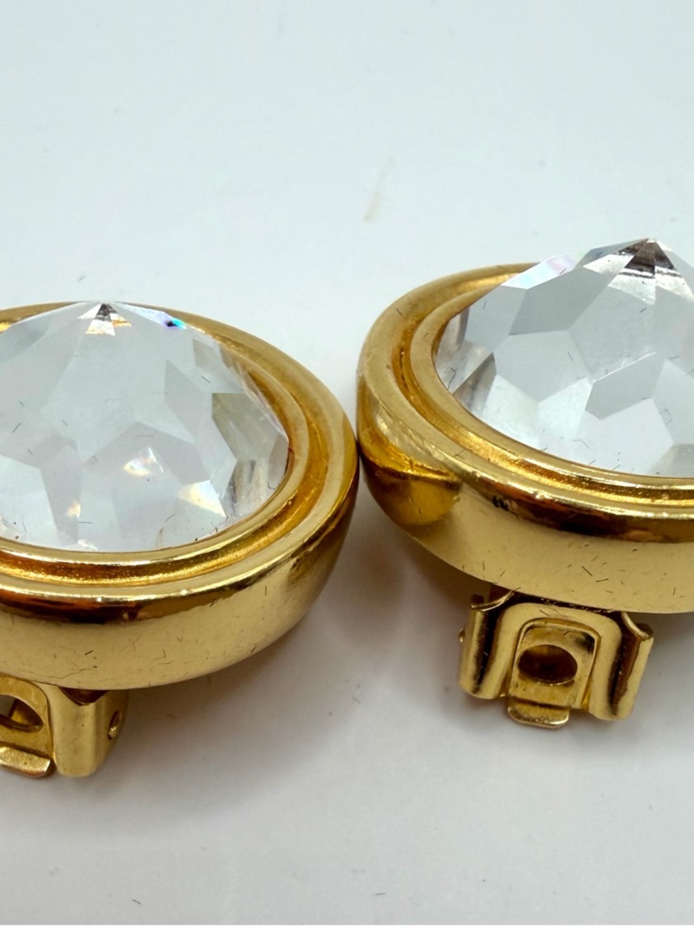 Vintage Dior Gold Tone Clip Statement Earrings with Iridescent Crystal Centers - Picture 9 of 10